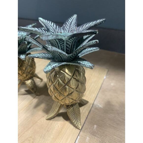 3 Brass Pineapple Candlestick Holders Vintage Bohemian Retro Heavy - Picture 4 of 16